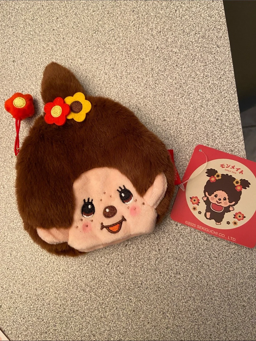 Monchhichi Plush Coin Purse - Brown with Floral Hair Clips